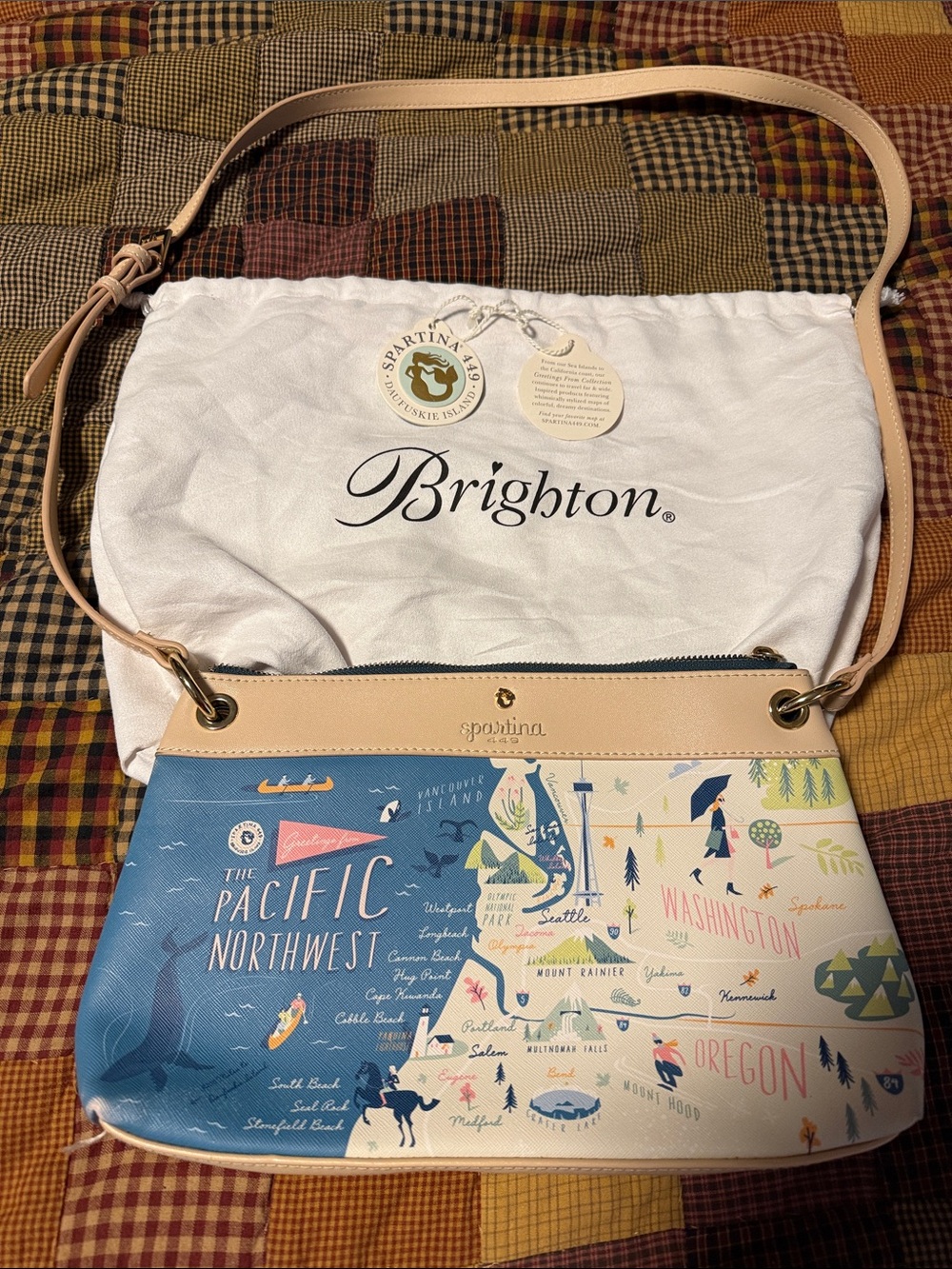 Spartina 449 Pacific Northwest Map Leather Crossbody - Blue & Cream